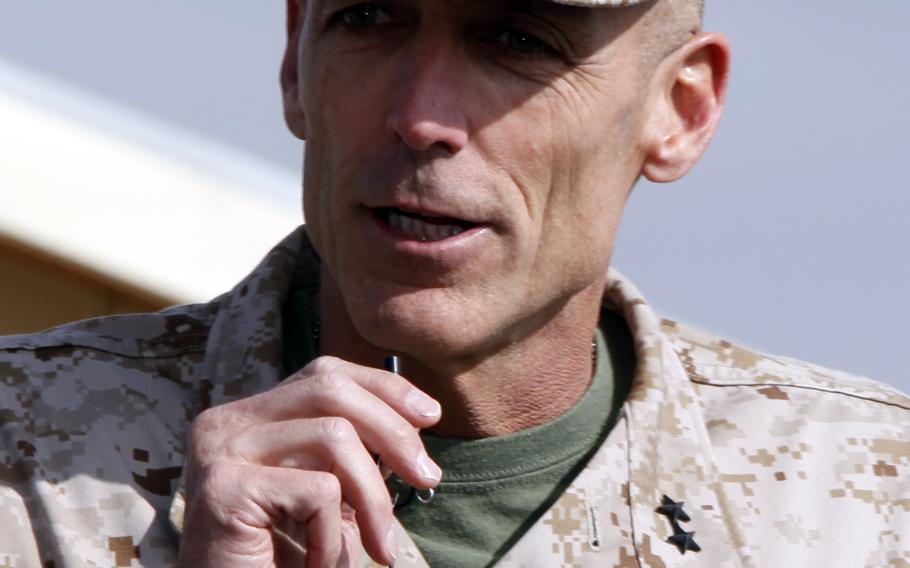 U.S. Marine Corps Maj. Gen. Gregg A. Sturdevant, commanding general, 3rd Marine Aircraft Wing (MAW) Forward, speaks during a transfer of authority ceremony, Camp Leatherneck, Helmand Province, Afghanistan, Feb. 16, 2013.