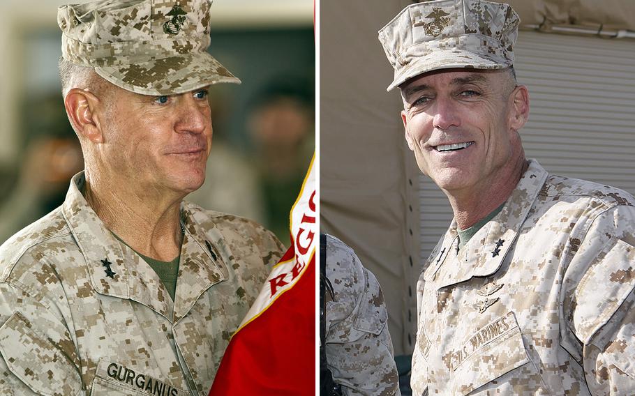 Maj. Gen. Charles M. Gurganus, left, and Maj. Gen. Gregg A. Sturdevant were forced into retirement Sept. 30, 2013, after Commandant of the Marine Corps Gen. James Amos concluded they should be held to account for failing to secure a base in Afghanistan against a Taliban attack that killed two Marines in 2012.