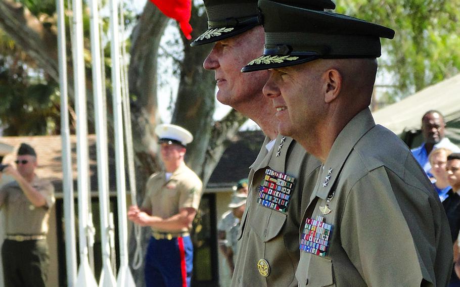 Lt. Gen. John Toolan, left, on Friday passed command of I Marine Expeditionary Force to Lt. Gen. David Berger, right, at a change of command ceremony at Camp Pendleton, Calif.
