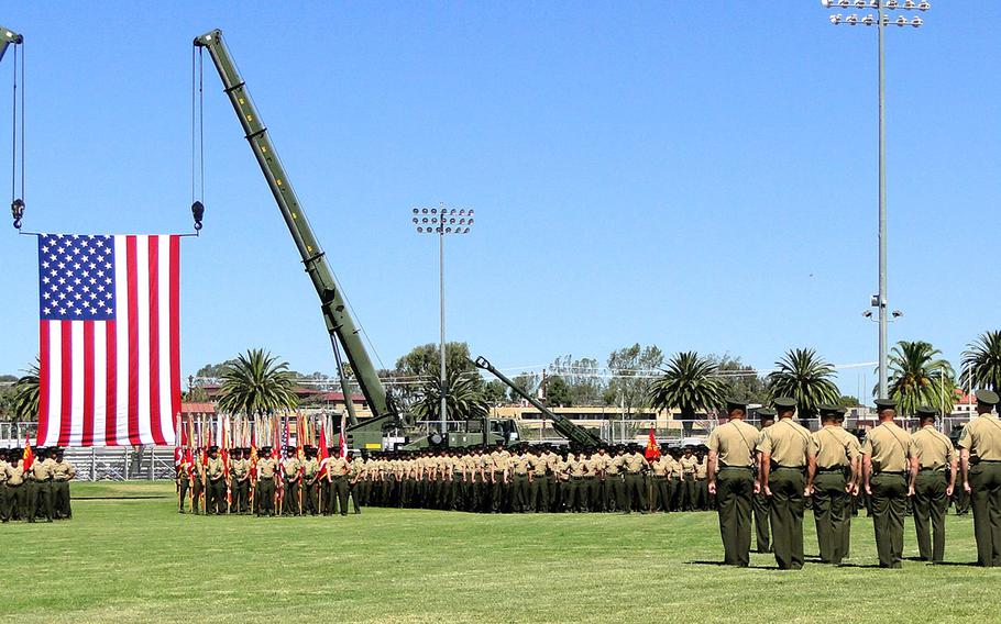 Marines stand in formation during the change of command ceremony Friday at Camp Pendleton, California, for I Marine Expeditionary Force. Lt. Gen. David Berger assumed command from Lt. Gen. John Toolan, who will command Marine Corps Forces Pacific. 