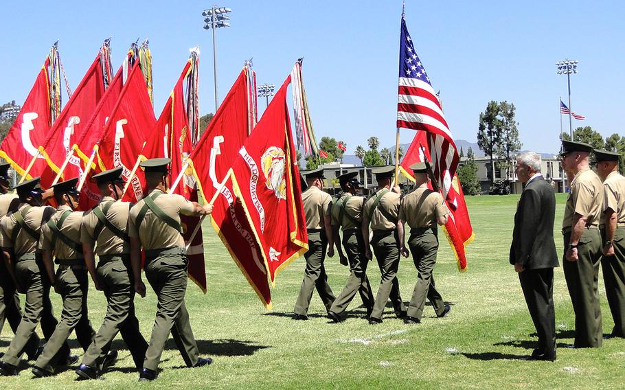 About 700 Marines marched past outgoing I Marine Expeditionary Force commander Lt. Gen. John Toolan and incoming I MEF commander Lt. Gen. David Berger for review at the end of their change of command ceremony Friday morning at Camp Pendleton, Calif.