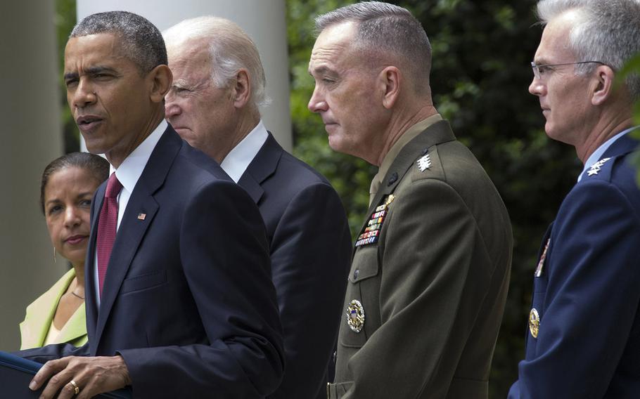 President Barack Obama announces the nominations of Gen. Joseph Dunford Jr., center, as chairman of the Joint Chiefs of Staff, and Gen. Paul Selva, right, as vice chairman during a ceremony in the Rose Garden of the White House, May 5, 2015. Listening are National Security Advisor Susan Rica and Vice President Joe Biden.