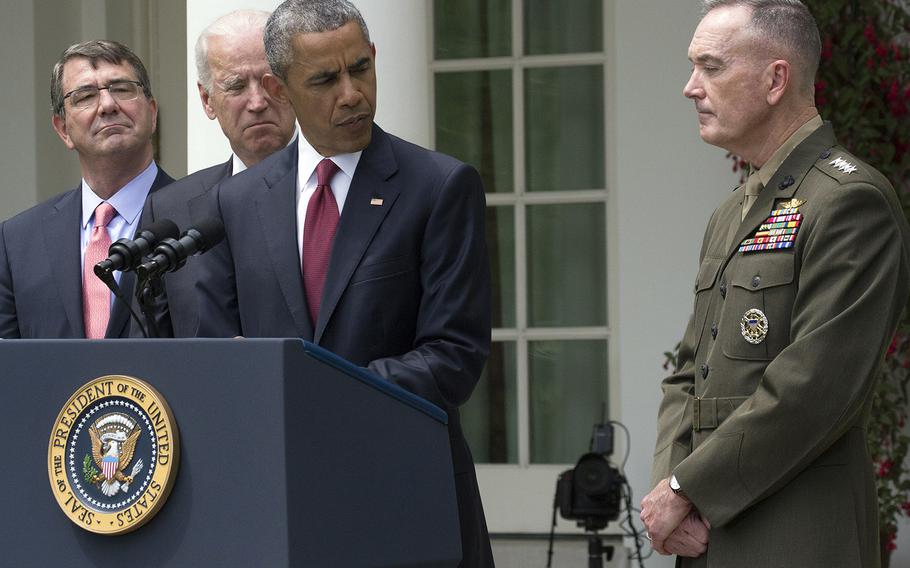 President Barack Obama announces the nomination of Gen. Joseph Dunford Jr., right, as chairman of the Joint Chiefs of Staff during a ceremony in the Rose Garden of the White House, May 5, 2015. Listening are Defense Secretary Ash Carter and Vice President Joe Biden.