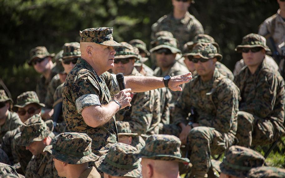 Commandant of the Marine Corps Gen. Robert B. Neller speaks to Marines of India Company at The Basic School, Marine Corps Base Quantico, May 8, 2017.