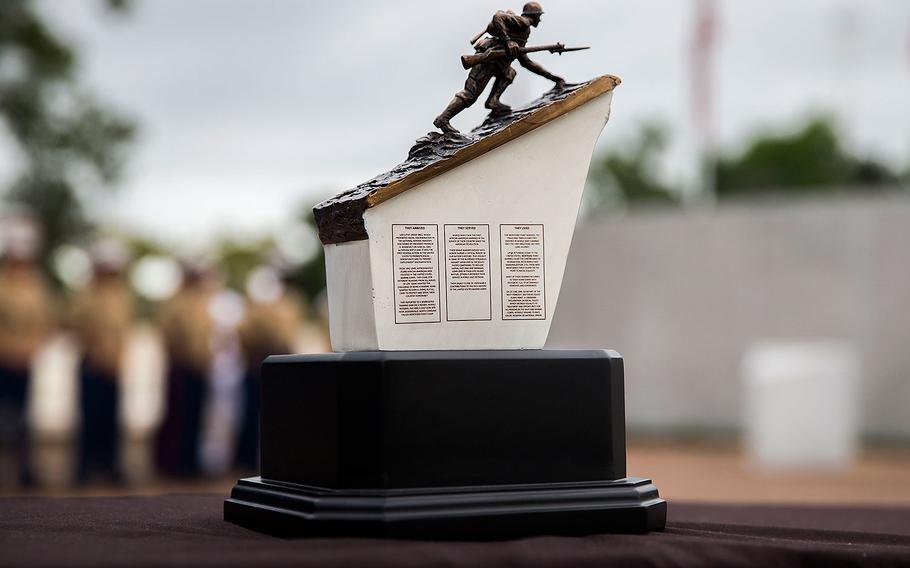 The Montford Point Marine Memorial gift is displayed during a gifting ceremony at the Montford Point Marine Memorial in Jacksonville, N.C., July 25, 2018.