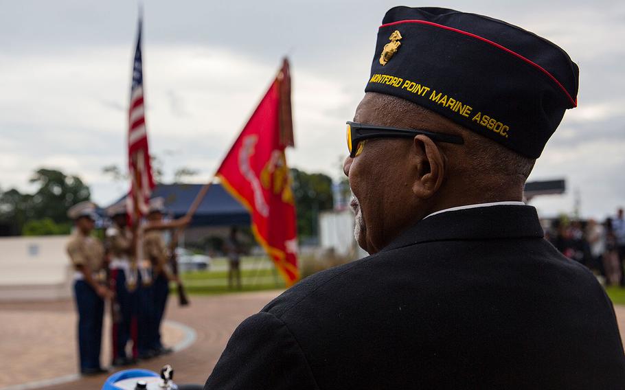 A Montford Point veteran attends the Montford Point Marine Memorial gifting ceremony at the Montford Point Marine Memorial in Jacksonville, N.C., July 25, 2018.