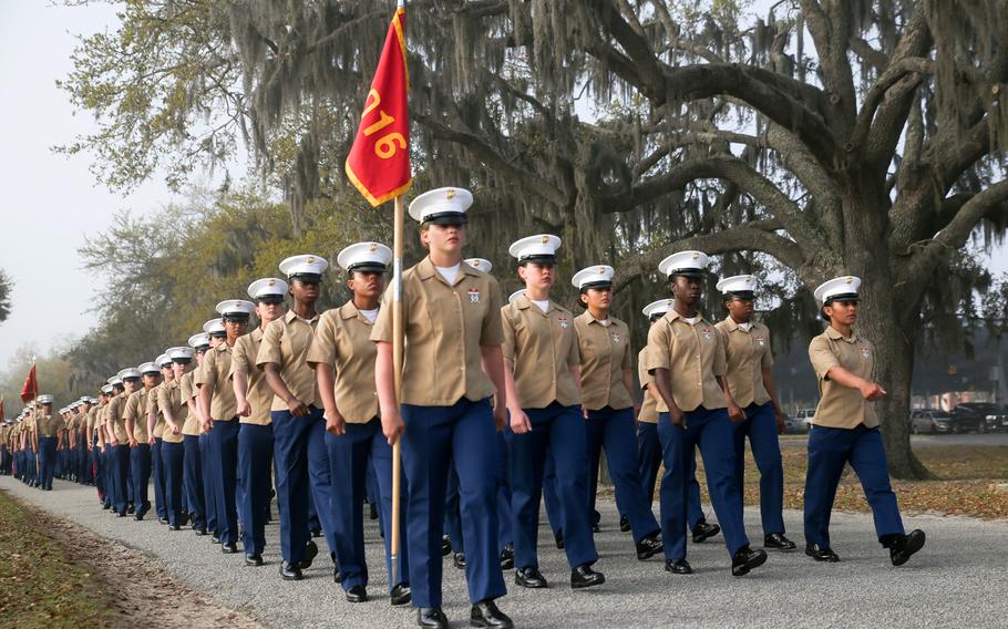 Marines with India Company, 3rd Recruit Training Battalion, graduated from recruit training at Marine Corps Recruit Depot Parris Island, March 29. India Company is the first combined company of male and female recruits to graduate from recruit training. 