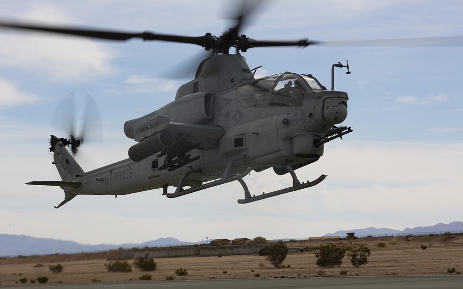 An AH-1Z with Marine Light Attack Helicopter Squadron 369, Marine Aircraft Group 39, 3rd Marine Aircraft Wing, takes off during a training exercise at Marine Corps Air Ground Combat Center Twentynine Palms, Calif., Feb. 15, 2019.