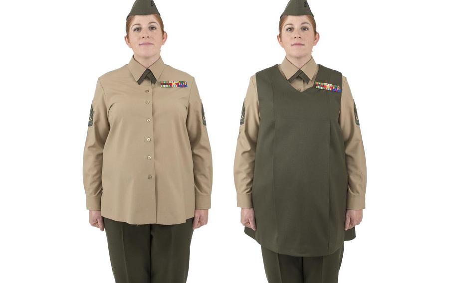 The Marine Corps is looking to add adjustable side tabs to the current maternity shirts and tunic for the service uniform.