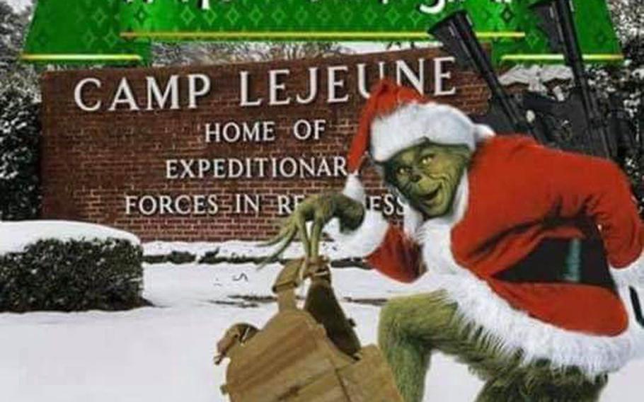A meme from a Marine Facebook page making fun of the missing gear from Camp Lejeune just before Christmas. 