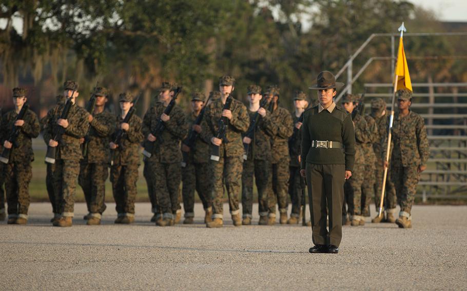 Sgt. Cristina Valenciatorres, a drill instructor with Papa Company, 4th Recruit Training Battalion, commands her platoon as they execute drill movements at Marine Corps Recruit Depot Parris Island, S.C., Nov. 22, 2019.