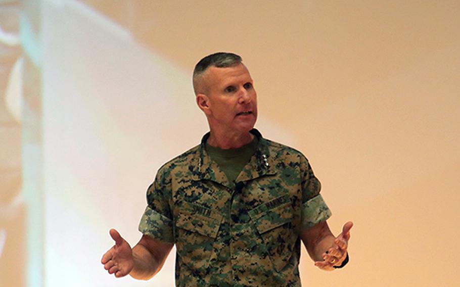 Lt. Gen. Eric Smith, commanding general of Marine Corps Combat Development Command and deputy commandant for Combat Development and Integration, speaks at Marine Corps Base Quantico in August 2020. The Corps plans to use small teams and long-range anti-tank systems to take out its enemies on the future battlefield, Smith said this week at a defense conference.