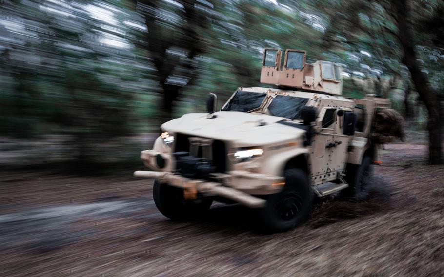 The Joint Light Tactical Vehicle on Camp Lejeune, N.C., Feb. 2, 2021. The Marine Corps is fielding long-range precision weapons that can be fired from mobile platforms like the JLTV as the service divests its heavy armor units.

