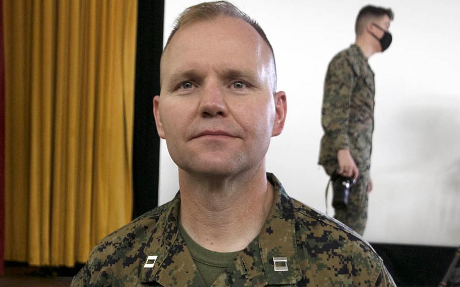 Marine Capt. Kevin Leishman, anti-terrorism force protection officer for the 3rd Marine Expeditionary Brigade, received the Purple Heart at Camp Courtney, Okinawa, Wednesday, Feb. 24, 2021, 16 years after he was shot during the Second Battle of Fallujah in Iraq.