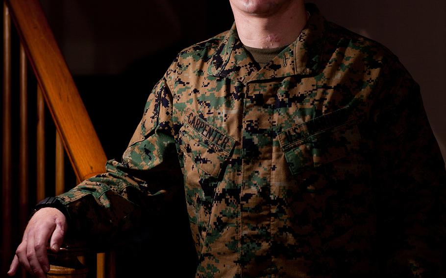 Marine Lance Cpl. William Kyle Carpenter at the Walter Reed National Military Medical Center in Bethesda, Md., on Jan. 12, 2012. Carpenter sustained wounds to the right side of his body from an enemy grenade in Marjah, Afghanistan, in November 2010.