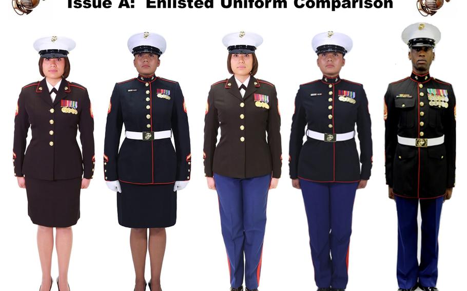 This image, taken from an online survey conducted by the Marine Corps, shows the current look of the women's dress blues coat and prototypes under consideration for wider use. It is one of several proposed changes to uniform policies. Marines have until Aug. 9, 2015, to complete the online survey.
