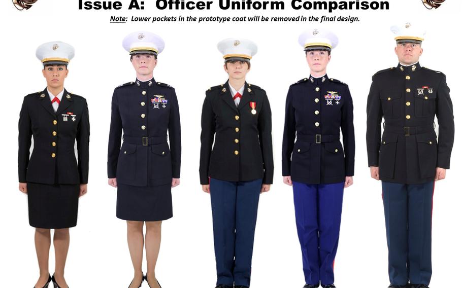 This image, taken from an online survey conducted by the Marine Corps, shows the current look of the women's dress blues coat and prototypes currently under development. Once the survey ends on Aug. 9, 2015, the gathered feedback will be presented to the Commandant of the Marine Corps as part of a potential update to the Corps' uniform regulations.