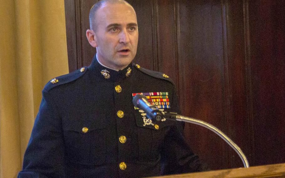 Marine Maj. Brandon Currie, seen here at a function in Detroit in March 2019, was relieved of command of Recruiting Station Cleveland along with the unit's  sergeant major, Sgt. Maj. Christopher Lillie and the operations officer, whom officials refused to name.
