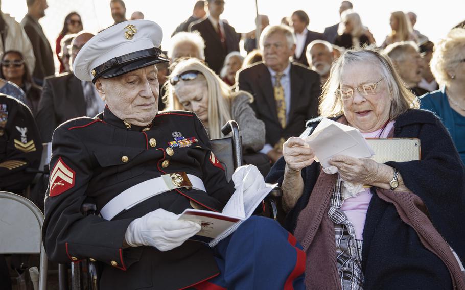 Samuel Prestigiacomo, a former Marine coporal, was one of 28 Iwo Jima veterans attending a sunset ceremony on Saturday, Feb. 15, 2020, at Marine Corps Base Camp Pendleton, Calif., to mark the 75th anniversary of the World War II battle. The event was expected to be the last formal anniversary ceremony involving veterans of the battle, the Marine Corps said.