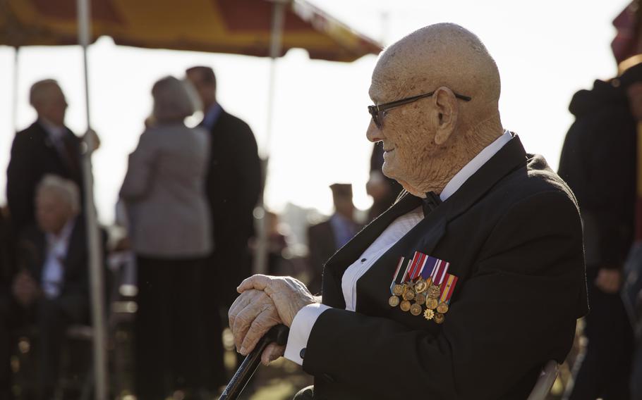 Retired Master Gunnery Sgt. Len Maffioli, an Iwo Jima veteran and master of ceremonies, waits for the start of a sunset ceremony at Marine Corps Base Camp Pendleton, Calif., as part of a 75th commemoration of the Battle of Iwo Jima on Saturday, Feb. 15, 2020. Maffioli was one of 28 Iwo Jima veterans who attended the event, which the Marine Corps said is expected to be the final formal West Coast anniversary event for the battle's veterans.