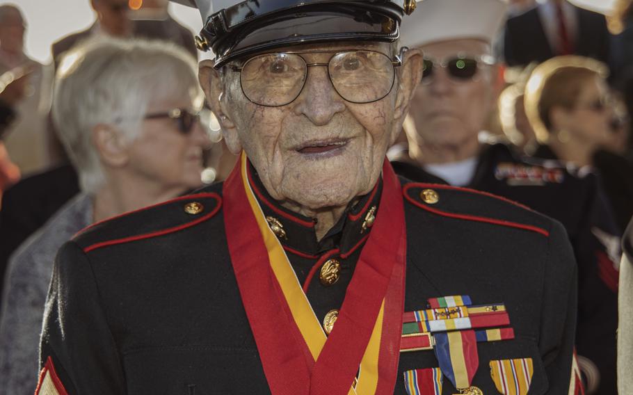 Marine Iwo Jima veteran Dell Littrell, a former private first class, is pictured before the start of a sunset ceremony commemorating the 75th anniversary of the Battle of Iwo Jima at Marine Corps Base Camp Pendleton, Calif., on Saturday, Feb. 15, 2020. Littrell was one of 28 Iwo Jima veterans who attended the event, which included a wreath-laying, 21-gun artillery salute and a traditional cake-cutting.