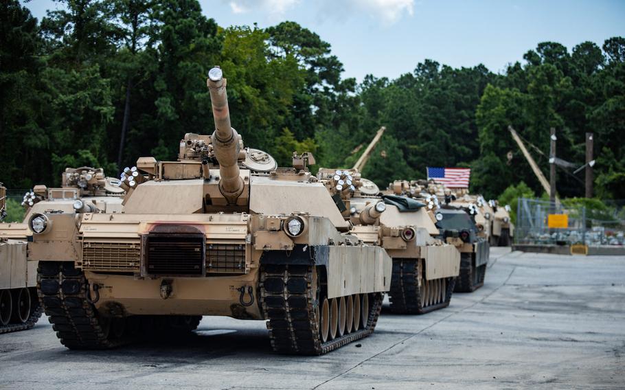 U.S. Marine Corps M1A1 Abrams tanks with 2nd Tank Battalion, 2nd Marine Division are staged in a lot on Camp Lejeune, N.C., July 27, 2020. After serving 2nd MARDIV for more than three-quarters of a century, 2nd Tank Battalion will deactivate as part of the Marine Corps' modernization plan.