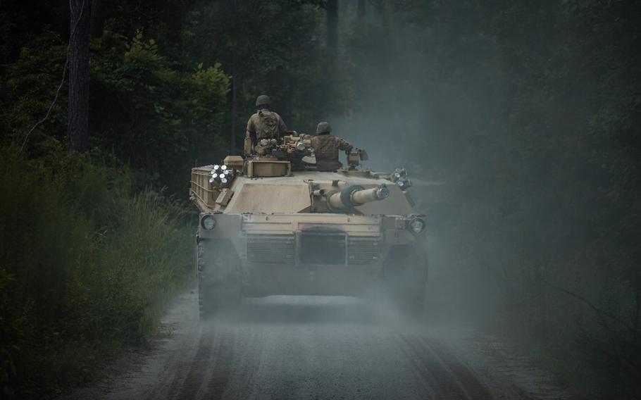 U.S. Marines with 2nd Tank Battalion, 2nd Marine Division track through tank trails on Camp Lejeune, N.C., July 27, 2020. After serving 2nd MARDIV for more than three quarters of a century, 2nd Tank Battalion will deactivate as part of the Marine Corps' modernization plan.