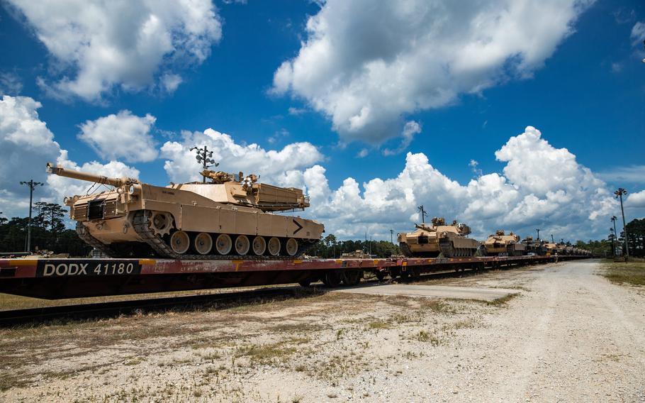 U.S. Marine Corps M1A1 Abrams tanks with 2nd Tank Battalion, 2nd Marine Division are staged on railroad cars on Camp Lejeune, N.C., July 27, 2020. The 2nd Tank Battalion will deactivate as part of the Marine Corps' modernization plans.