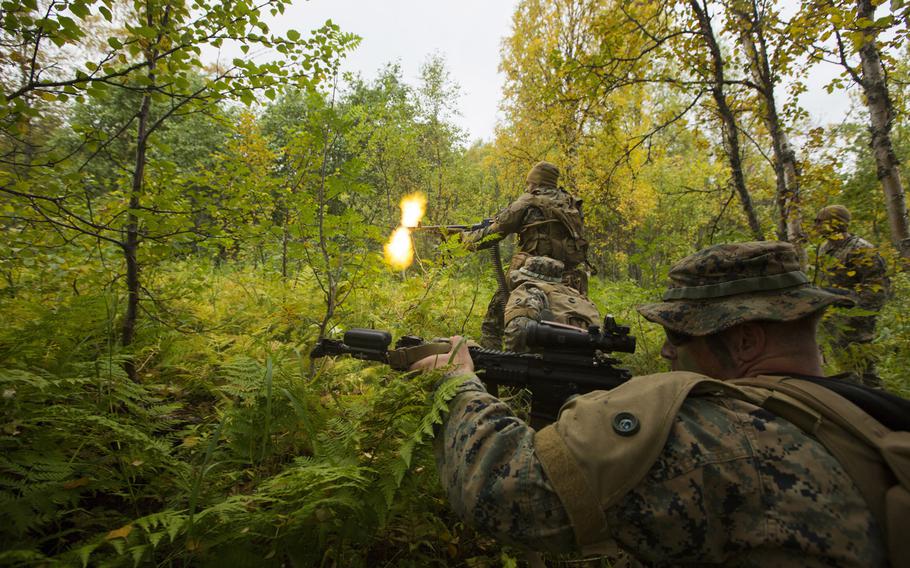 U.S. Marines with Marine Rotational Force — Europe 20.2, Marine Forces Europe and Africa during a force-on-force field training exercise in Setermoen, Norway, in September 2020. About 350 Marines and sailors from the 3rd Battalion, 6th Marine Regiment, will begin Arctic warfare training in Norway after quarantining for the coronavirus, Marine Forces Europe and Africa said in a statement Oct. 28.