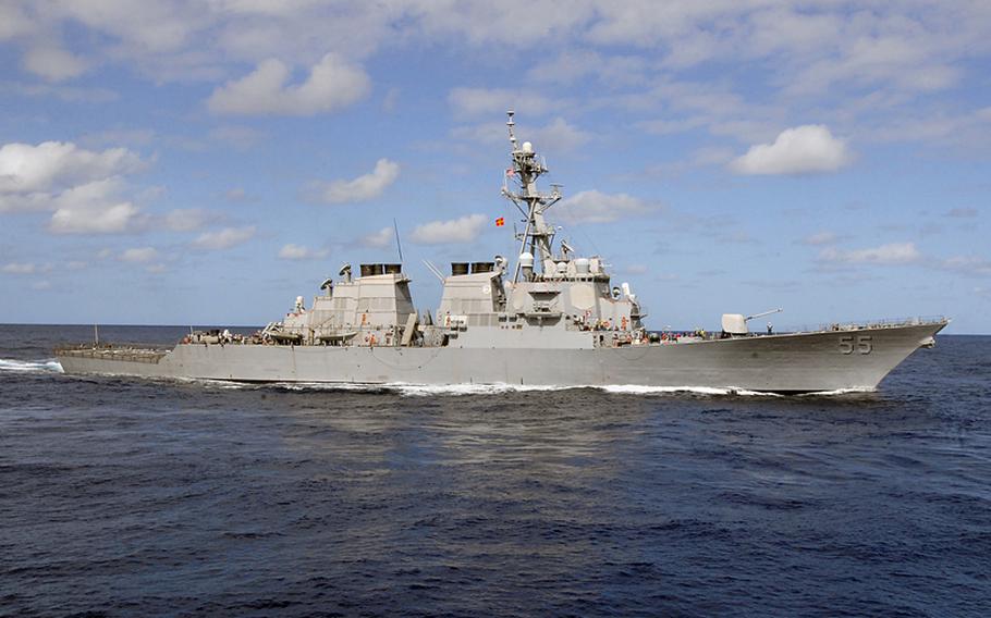 The guided-missile destroyer USS Stout is underway during routine training operations.
