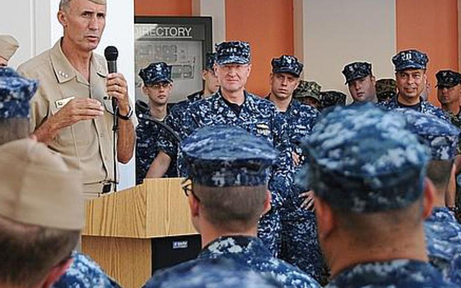 Vice Adm. Scott Van Buskirk, chief of naval personnel, meets with sailors and civilians Thursday at Naval Support Activity Naples, Italy, discussing issues such as manning, job performance, education and training and deployments in this July 2012 photo.