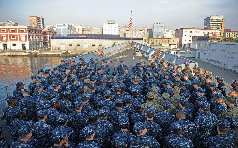 Vice Adm. Frank C. Pandolfe, commander of U.S. 6th Fleet, speaks with the crew of the guided-missile frigate USS Robert G. Bradley in Naples, Italy, Jan. 5, 2013.