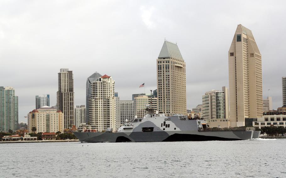 The Littoral Combat Ship USS Freedom departs San Diego on Feb. 21, 2013, on its way to conduct sea trials. The ship will be the first of its kind to deploy overseas, when it sets sail March 1 for an eight-month deployment to Singapore. 
