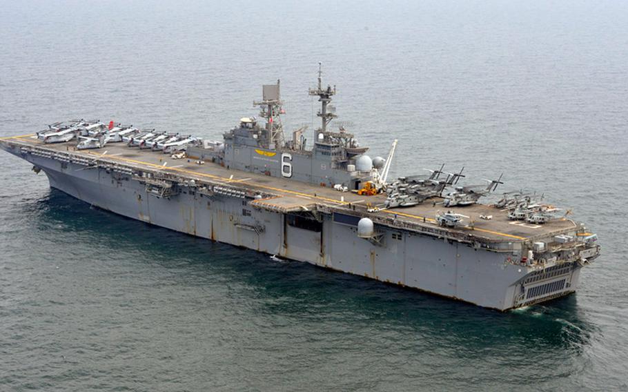 The USS Bonhomme Richard steams through the East China Sea on Tuesday, April 22, 2014. Sailors and Marines aboard the amphibious assault ship were assisting in search-and-rescue operations near the sunken South Korean ferry Sewol.