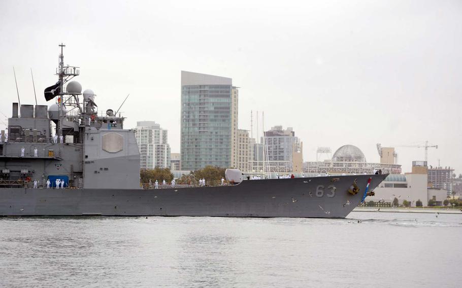 The guided-missile cruiser USS Cowpens (CG 63) returns to San Diego on April 17, 2014 following a deployment to the western Pacific.