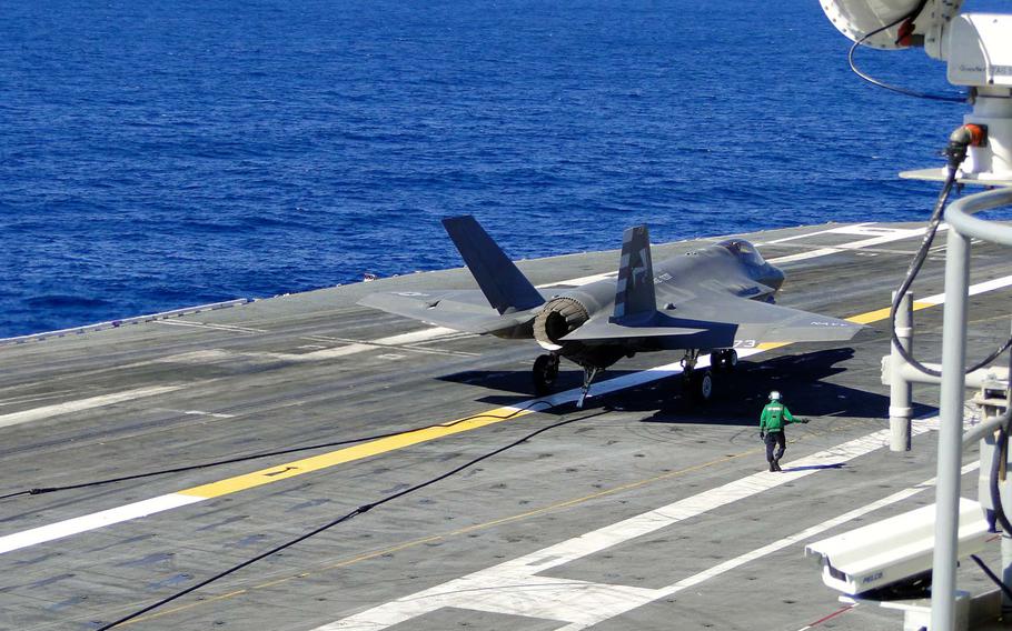 The first two F-35Cs to make arrested landings on an aircraft carrier hooked the  third of four cables on the deck of the USS Nimitz on Monday afternoon, in what were described as ideal landings.