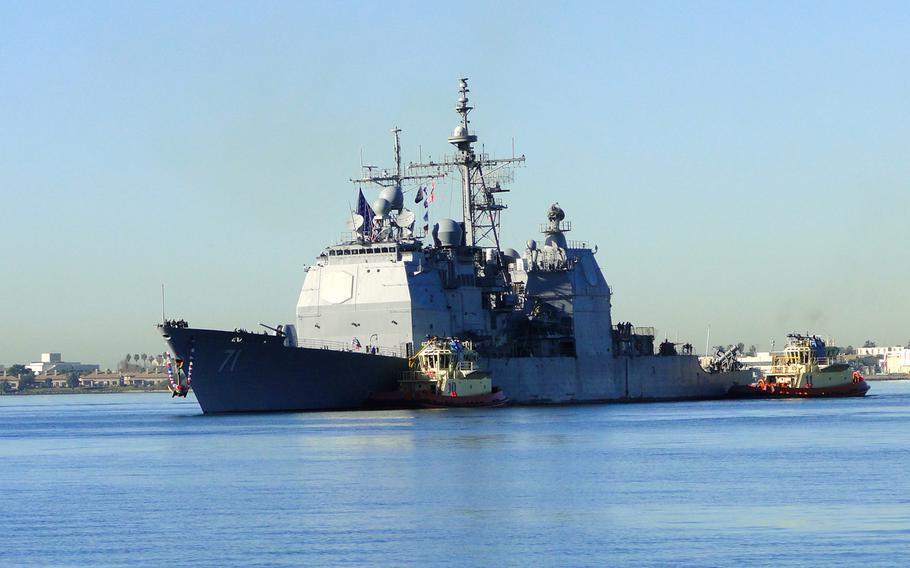 The USS Cape St. George pulls into port at Naval Base San Diego on Friday, Jan. 16, 2015, after a 7-month deployment in the western Pacific Ocean. The ship participated in Rim of the Pacific 2014, the exercises Valiant Shield and Keen Sword and community relations projects in Singapore, Guam and South Korea