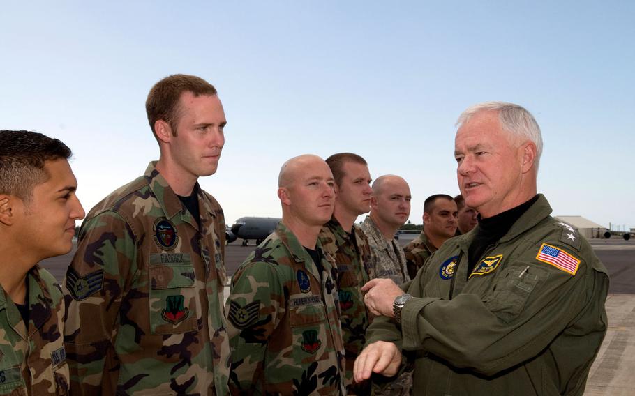 Adm. Timothy J. Keating speaks to flight and maintenance crew members at Hickam Air Force Base in Hawaii in 2007 when he was commander of U.S. Pacific Command. To meet global security demands, the U.S. Navy likely needs 325-350 more ships, or 50-75 more than current levels, said Keating, who is now retired and serves on the board of advisers for defense contractor Camber Corporation.