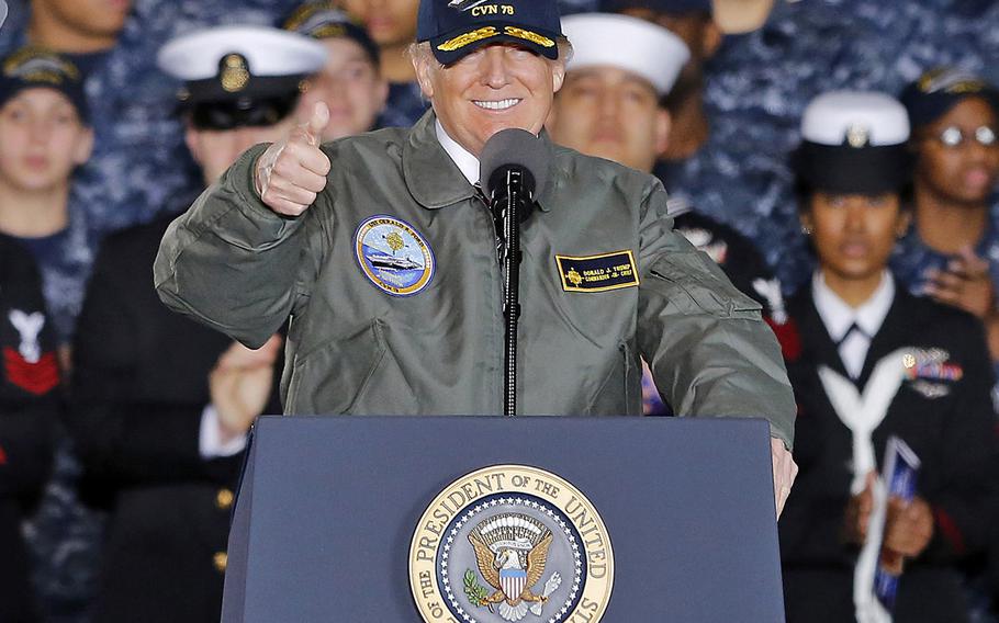 President Donald Trump speaks abroad the aircraft carrier Gerald R. Ford at Newport News Shipbuilding Thursday afternoon March 2, 2017.