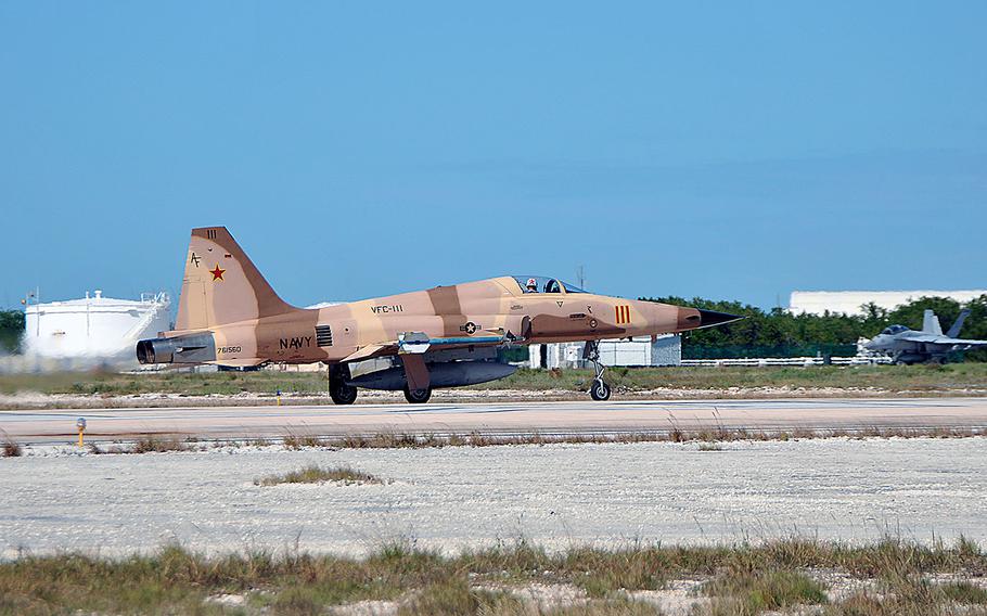 An F-5N Tiger II assigned to the Sun Downers of Fighter Squadron Composite (VFC) 111 launches from Boca Chica Field on Nov. 4, 2014.