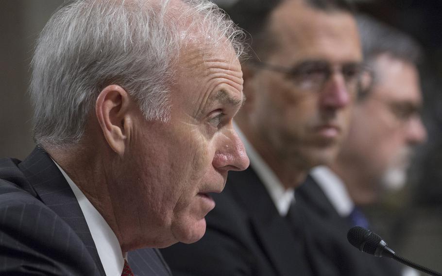Secretary of the Navy Richard V. Spencer testifies at a Senate Armed Services Committee hearing on Capitol Hill, Sept. 19, 2017. Behind him are Chief of Naval Operations Adm. John M. Richardson and John H. Pendleton, the Government Accountability Office's director of defense force structure and readiness issues.