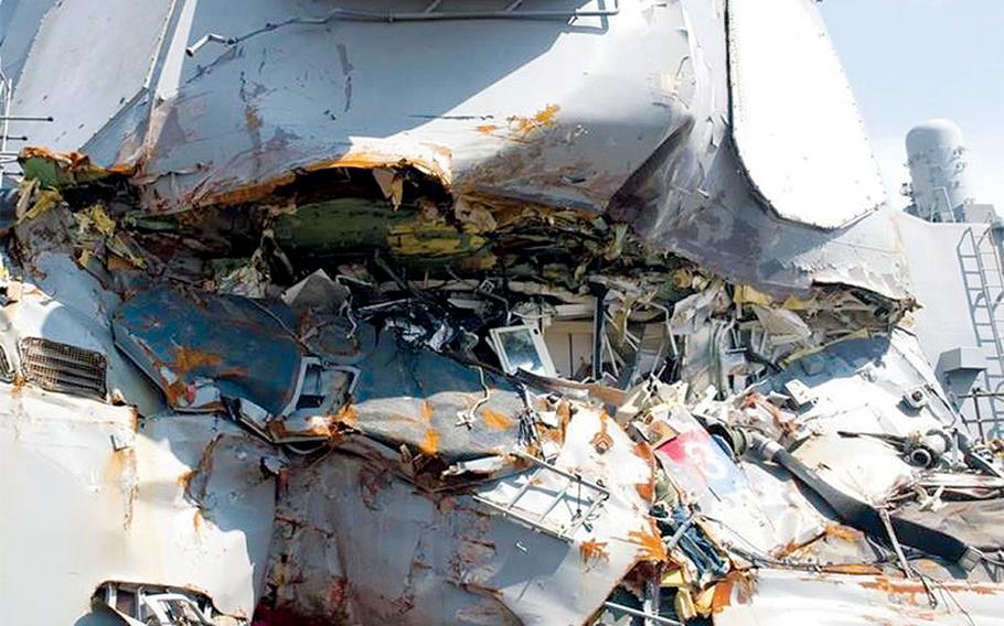 The stateroom of the USS Fitzgerald's stateroom as seen from the exterior of the ship after its collision on June 21, 2017.