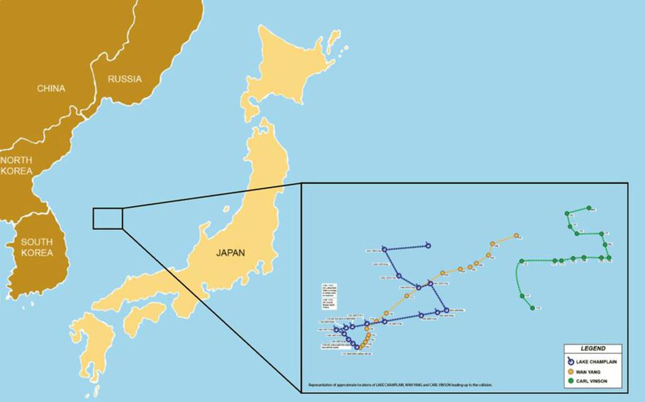 This Navy graphic tracks the location of the USS Lake Champlain before and after its collision with a South Korean fishing vessel on May 9, 2017. The aircraft carrier USS Carl Vinson was nearby at the time of the crash.