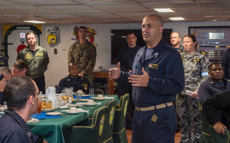 Capt. George Doyon speaks to sailors aboard the USS Green Bay, June 21, 2017. Doyon has been relieved of his duties as Amphibious Squadron 11 commander for mishandling staff harassment complaints.