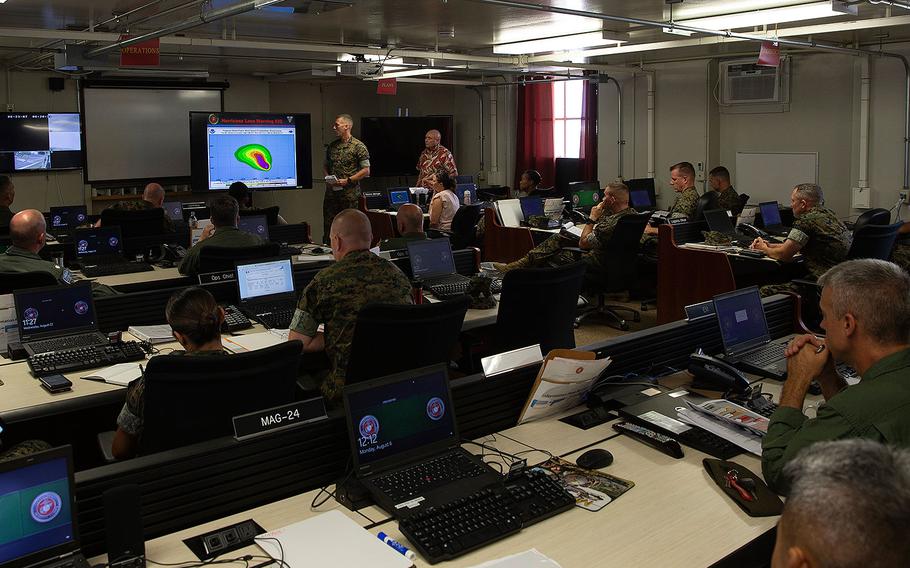 Marine Corps Base Hawaii leaders gather to discuss preparations for Hurricane Lane on Aug. 22, 2018.