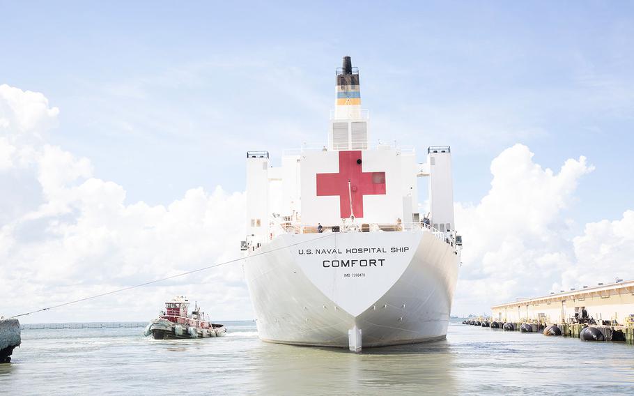 The USNS Comfort (T-AH-20) completes storm-weather condition preparations and departs from Naval Station Norfolk in Virginia ahead of Hurricane Florence on Sept. 11, 2018.