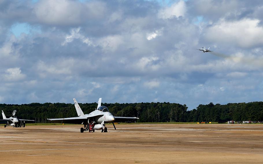 Aircraft prepare to evacuate Naval Air Station Oceana in Virginia Beach, Virginia on Sept. 12, 2018.