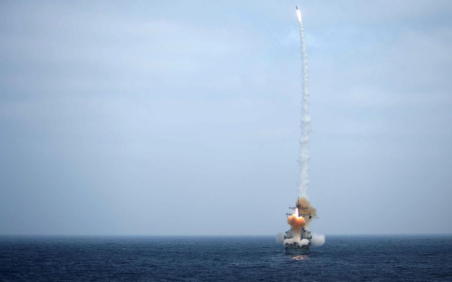 The destroyer USS Decatur fires missiles during a live-fire evolution Aug. 24, 2018 while on routine operations in the Pacific Ocean.