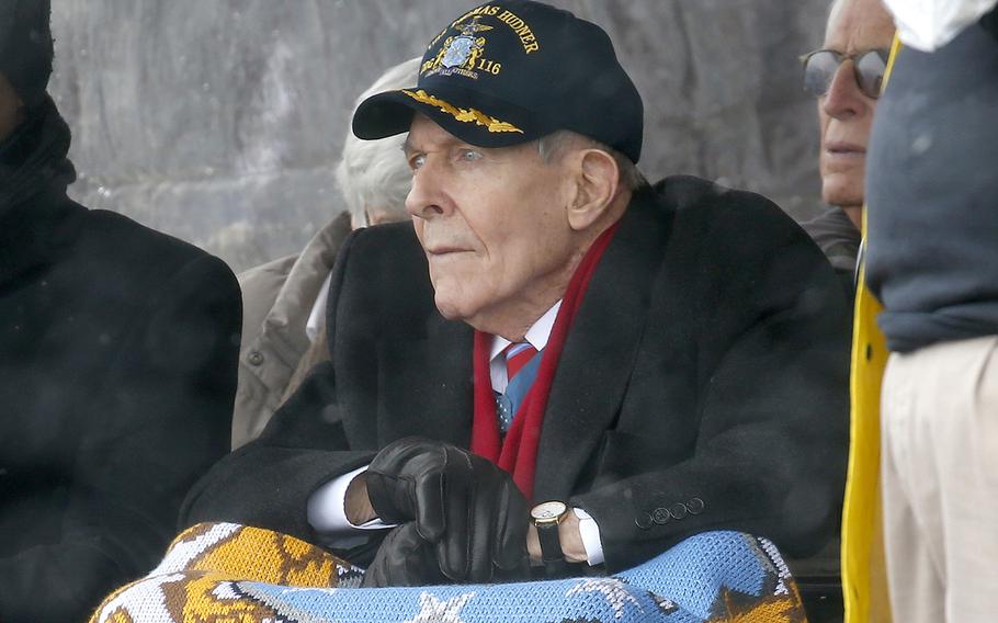 Korean War veteran Thomas Hudner looks on during the christening ceremony for the future USS Thomas Hudner, a U.S. Navy destroyer named in his honor, at Bath Iron Works in Bath, Maine, on April 1, 2017.
