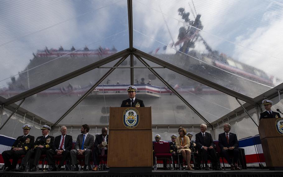 Cmdr. Christopher Brusca, commanding officer of the Navy's newest littoral combat ship, USS Charleston (LCS 18) speaks during the commissioning ceremony held in the ship's namesake city on Saturday, March 2, 2019.